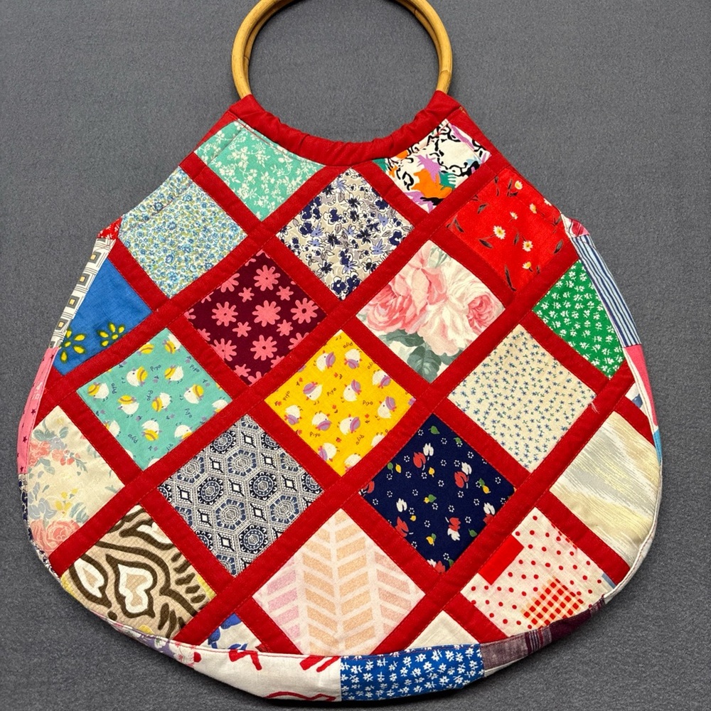 Vintage Cheshire Smile Patchwork Tote Bag with Wooden Handles 21”x 18”